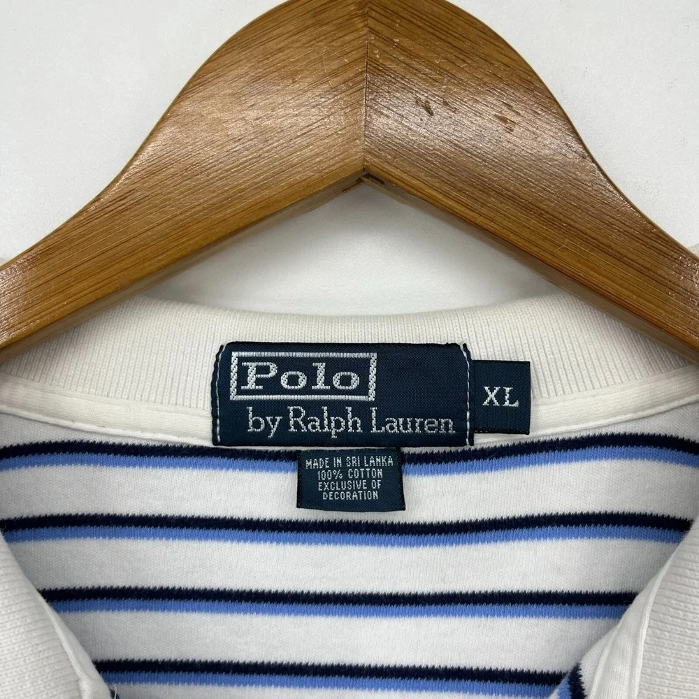 Polo‎ Ralph Lauren Polo Shirt Men's XL White Blue Striped Short Sleeve Pony Logo
